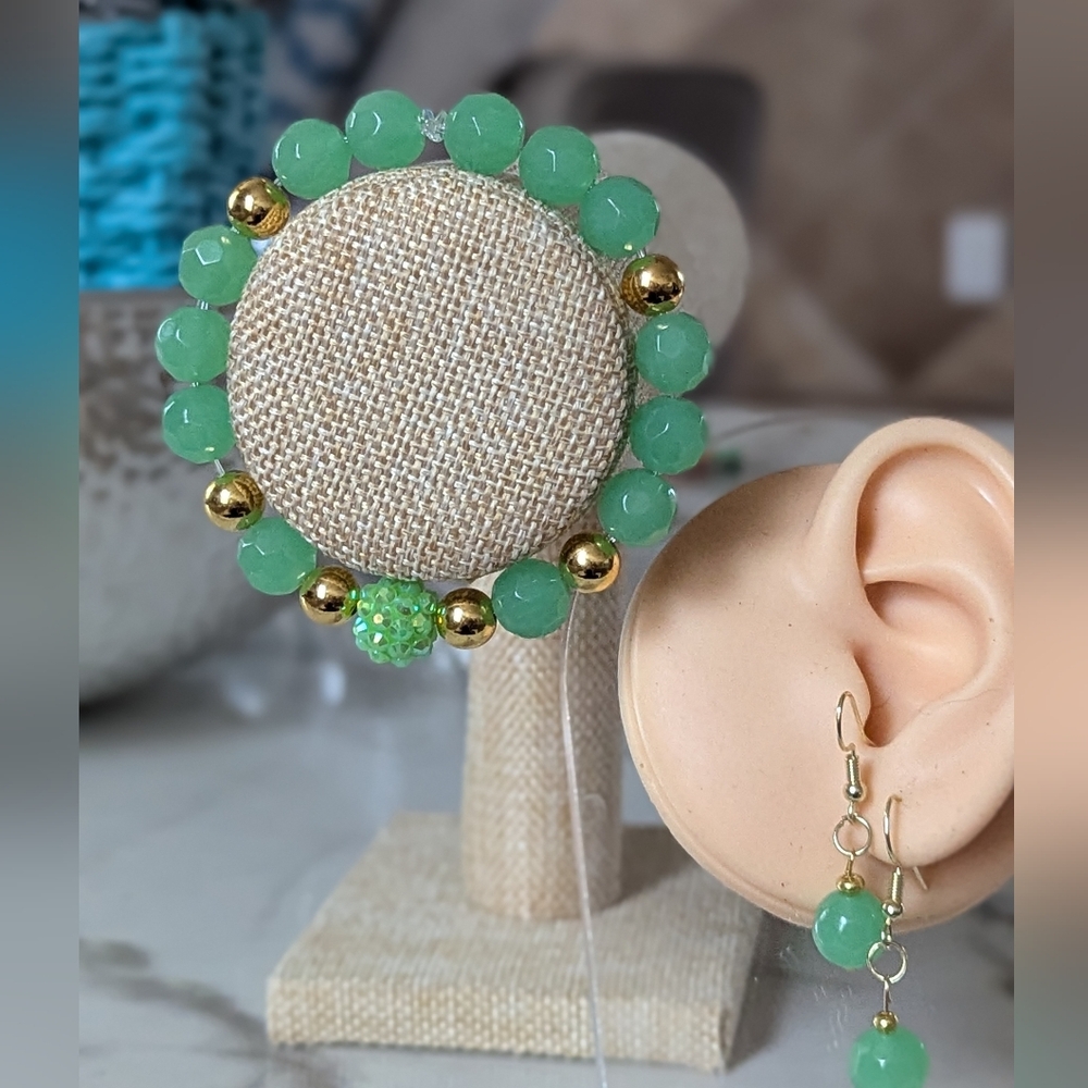 Green and Gold Beaded Earrings